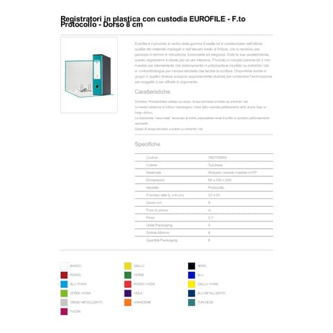 Registratore con custodia Esselte G55 Eurofile protocollo dorso 8 cm cartone rivestito in PP turchese - 390755800